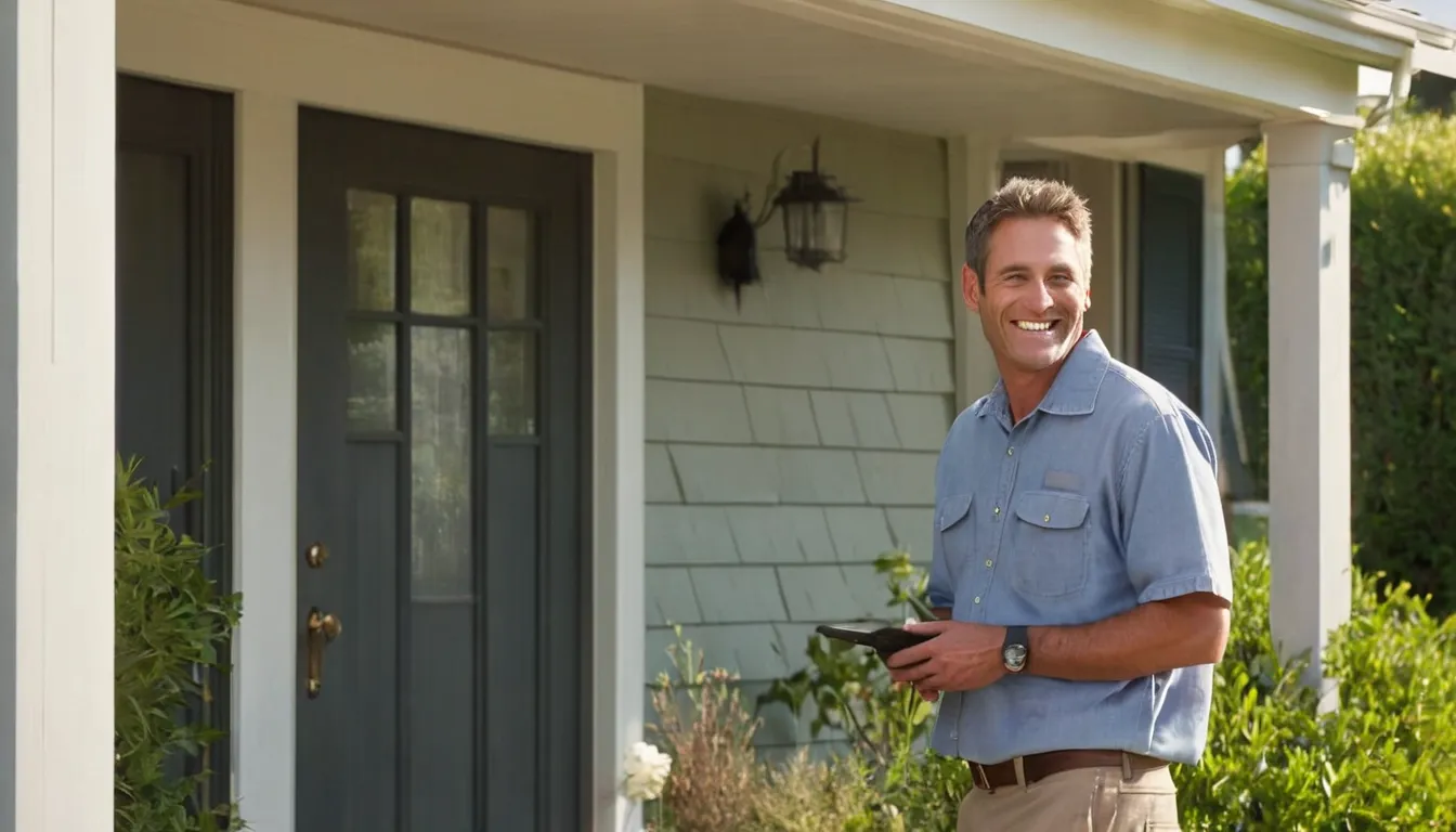 A friendly pest control provider talking with a homeowner at the front door of a house in Crystal Lake